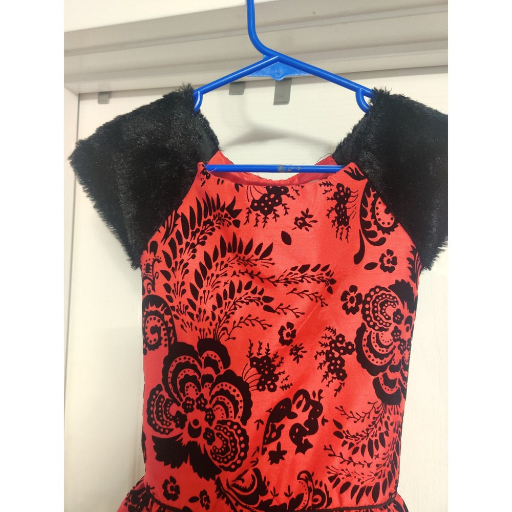 Wonder Nation Girls Red Black Damask Faux Fur Holiday Party Dress Size 12 - Picture 4 of 7